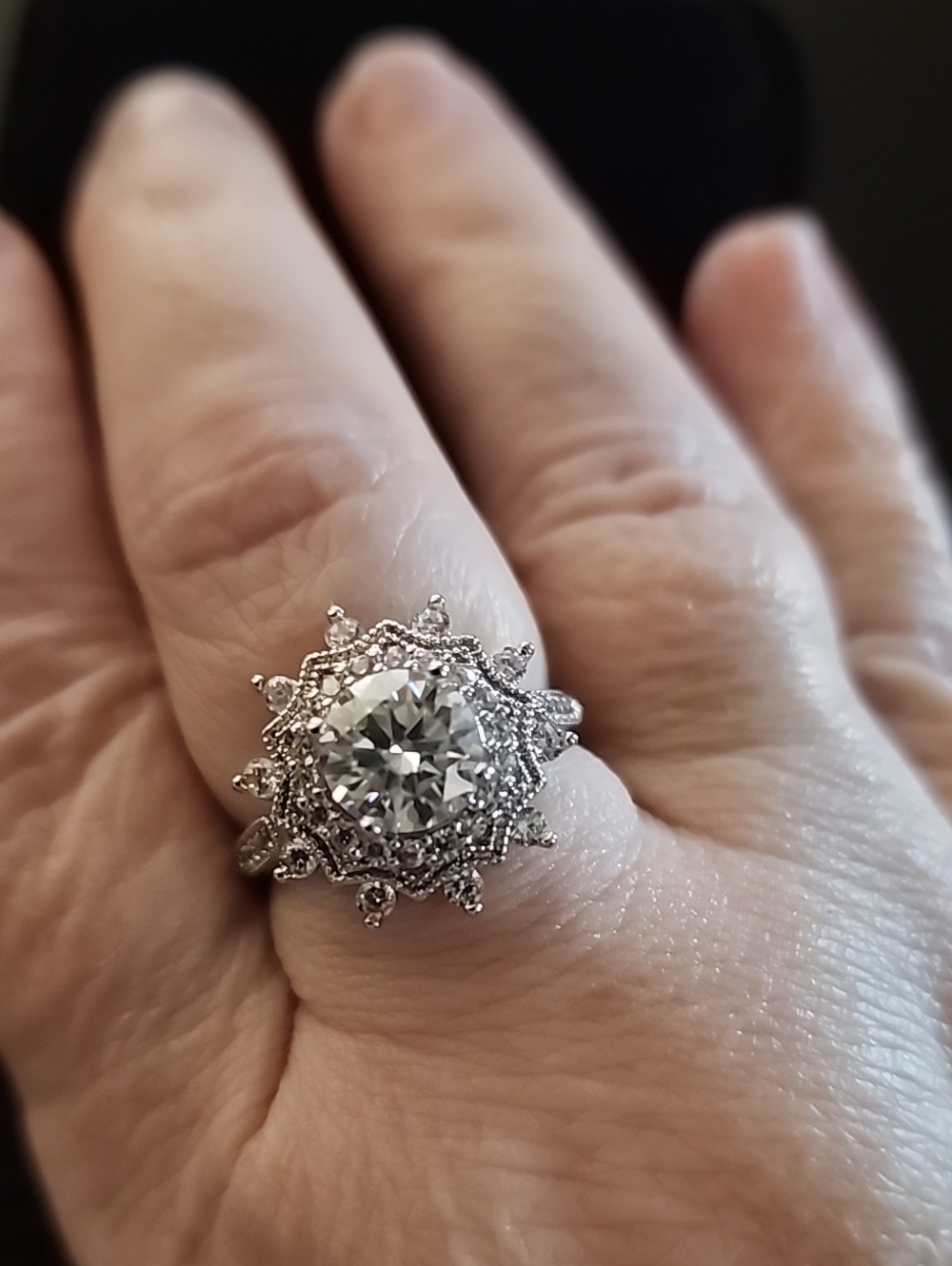Vintage-Inspired Rhodium-plated Moissanite Halo Ring - Size 9